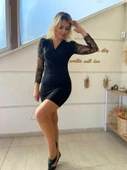 Kadın Uzun Kollu Kruvaze Yaka Kollar Tül Detay Krep Mini Boy Elbise - 10