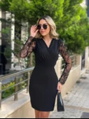 Kadın Uzun Kollu Kruvaze Yaka Kollar Tül Detay Krep Mini Boy Elbise - 1