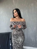 Kadın Madonna Yaka Dalgıç Kumaş Leopar Desen Maxi Boy Derin Yırtmaçlı Elbise - 2