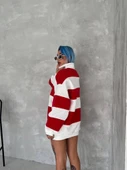 Unisex Üç İplik Parçalı Yakalı SweatShirt - Kırmızı - 2