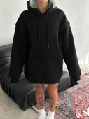 Kapşonlu Üç İplik Penye Basic SweatShirt - Siyah - 1