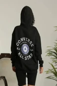 Unisex Kapüşonlu Üç İplik Oversize Baskılı Sweatshirt - Siyah - 2