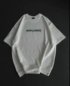 Unisex Bisiklet Yaka Baskılı Oversize T-Shirt - Beyaz - 1