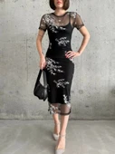Baskılı Şifon Kimono Elbise - Siyah - 4