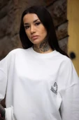 Unisex Bisiklet Yaka Baskılı Oversize T-Shirt - Beyaz - 3