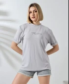 Unisex Bisiklet Yaka Baskılı Slim Fit T-Shirt - Boyalı Gri - 3