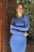 Mavi Kolları Örgülü Triko Elbise - 3