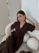 Kısa Kollu Uzun Elbise - Kahve - 3