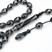 Oltu Taşı Çift Çeşm-i Bülbül Mavi İşlemeli Tespih - 4