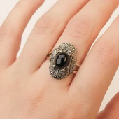 Gümüş Oval Model Oltu Taşı Kaşlı  Kadın Yüzük - 1