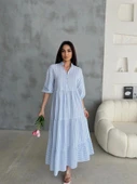 ÇİZGİLİ KETEN HAKİM YAKA DÜĞMELİ SALAŞ ELBİSE - Mavi - 1