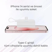 Woyax iPhone Lightning Soketli Mini Powerbank 5000mAh Type-C Dahili Kablolu Taşınabilir Şarj Cihazı Beyaz thumbnail 2