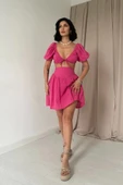 Fuşya Brode Crop Ve Mini Etek Takım - 1