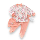 3-6-9-12 Ay Çiçek Baskılı Şapkalı Çıtçıt Kapamalı Patikli 3lü Kız Bebek Takımı Somon - 1