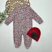 0-3-6-9 Ay Leopar Baskılı Tam Boy Çıtçıtlı Patikli Güllü Boneli Kız Bebek Tulumu Bordo - 1