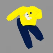 1-2-3 Yaş Toplu Köpek Nakışlı Kuzu Kumaş Sweat Pantolonlu Uzun Kollu Kız Erkek Bebek Takımı Sarı - 1