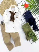 9-12-18-24 Ay Ve 3-4-5 Yaş Fularlı Pamuk Keten Gömlekli Pantolonlu 3lü Erkek Bebek Takımı Bej - 1