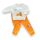 6-9-12-18 Ay Köpek Baskılı Pamuk Penye Kumaş Erkek Bebek Takımı Turuncu - 1
