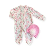 0-3-6-9 Ay Çiçek Baskılı Tam Boy Çıtçıtlı Patikli Güllü Boneli Kız Bebek Tulumu Pembe - 1