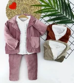 2-3-4-5 Yaş Düğme Kapamalı Fırfır Gömlekli Kadife Ceket Pantolon 3lü Kız Bebek Takımı Kahverengi - 1