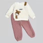 1-2-3 Yaş Hello Zürafa Nakışlı Kuzu Kumaş Sweat Pantolon Uzun Kollu Kız Erkek 2 Li Takımı Gül Kurusu - 1