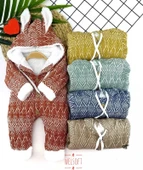 9-12-18-24 Ay Düğme Kapamalı Kulaklı Kapşonlu Motif Desenli Örme Kumaş Kız Erkek Bebek Tulumu Lacivert - 1