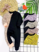 3-6-9-12 Ay Bandanalı Leopar Desenlı Fermuar Kapama Kız Bebek Tulumu Bej - 1