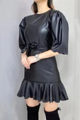 Siyah Deri Mini Elbise - 2