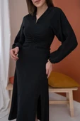 Siyah Büzgülü Krep Elbise - 3