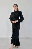 Siyah Volanlı Uzun Kol Elbise - 1