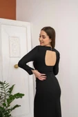 Siyah Yırtmaçlı Krep Elbise - 4