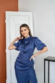 İndigo Büzgülü Saten Elbise - 3