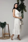 Ekru Halter Yakalı Kuşaklı Elbise - 2