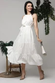 Ekru Halter Yakalı Kuşaklı Elbise - 3
