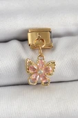 316L Çelik Sallantılı Zirkon Taşlı Çiçek Figürlü Kelebek Model Gold Renk Nomination Charm - 1