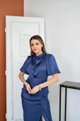İndigo Büzgülü Saten Elbise - 1