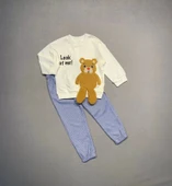 2-3-4 Yaş Ayıcık Sallanan Ayak Desenli Likra Penye Kumaş Sweat Pantolonlu Kız Erkek 2li Çocuk Takımı Ekru - 2