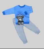 1-2-3 Yaş Filli Sallanan Ayak Desenli Likra Penye Kumaş Sweat Pantolonlu Kız Erkek 2li Çocuk Takımı İndigo - 1