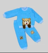 1-2-3 Yaş Sallanan El Ayıcıklı Kuzu Kumaş Sweat Patili Pantolon Uzun Kollu Kız Erkek 2 Li Takımı Saks Mavisi - 1