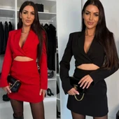 Kadın Atlas Kumaş Uzun Kollu V Yaka Blazer Kesim Göbek Dekolteli Mini Ceket Elbise - 5