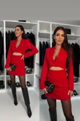 Kadın Atlas Kumaş Uzun Kollu V Yaka Blazer Kesim Göbek Dekolteli Mini Ceket Elbise - 4