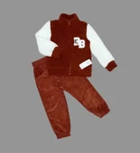 1-2-3 Yaş Kuzu Kumaş Fermuarlı Sweat Kadife Pantolonlu Uzun Kollu Kız Erkek Çocuk 2li Takım Kahverengi - 1