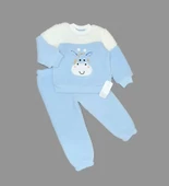 1-2-3 Yaş Ponponlu Zürafa Desenli Kuzu Kumaş Uzun Kollu 2li Kız Erkek Çocuk Takımı Mavi - 1