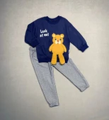 2-3-4 Yaş Ayıcık Sallanan Ayak Desenli Likra Penye Kumaş Sweat Pantolonlu Kız Erkek 2li Çocuk Takımı Lacivert - 1