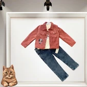 3-4-5 Yaş Fitilli Kadife Ceket Kot Pantolonlu 3lü Kız Erkek Çocuk Takımı Gül Kurusu - 1