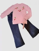 4-5-6 Yaş Kot Pantolonlu Kiraz Desenli Penye Sweat Uzun Kollu 2li Kız Çocuk Takımı Pembe - 1