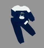 1-2-3 Yaş Ponponlu Zürafa Desenli Kuzu Kumaş Uzun Kollu 2li Kız Erkek Çocuk Takımı Lacivert - 1