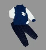 1-2-3 Yaş Kuzu Kumaş Fermuarlı Sweat Kadife Pantolonlu Uzun Kollu Kız Erkek Çocuk 2li Takım Lacivert - 1