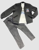 4-5-6 Yaş Kot Pantolonlu Pilot Mont Uzun Kollu Penye Sweat 3lü Erkek Çocuk Takımı Füme - 2