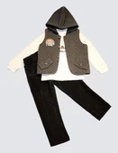 3-4-5 Yaş Fitilli Kadife Pantolon Kapitone Kapşonlu Yelek Uzun Kollu Sweat 3lü Erkek Çocuk Takımı Füme - 1
